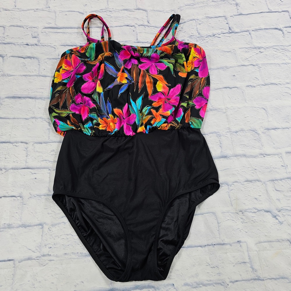 Longitude One Piece Swimsuit Women XL Black Tropical Floral Blouson Beachwear